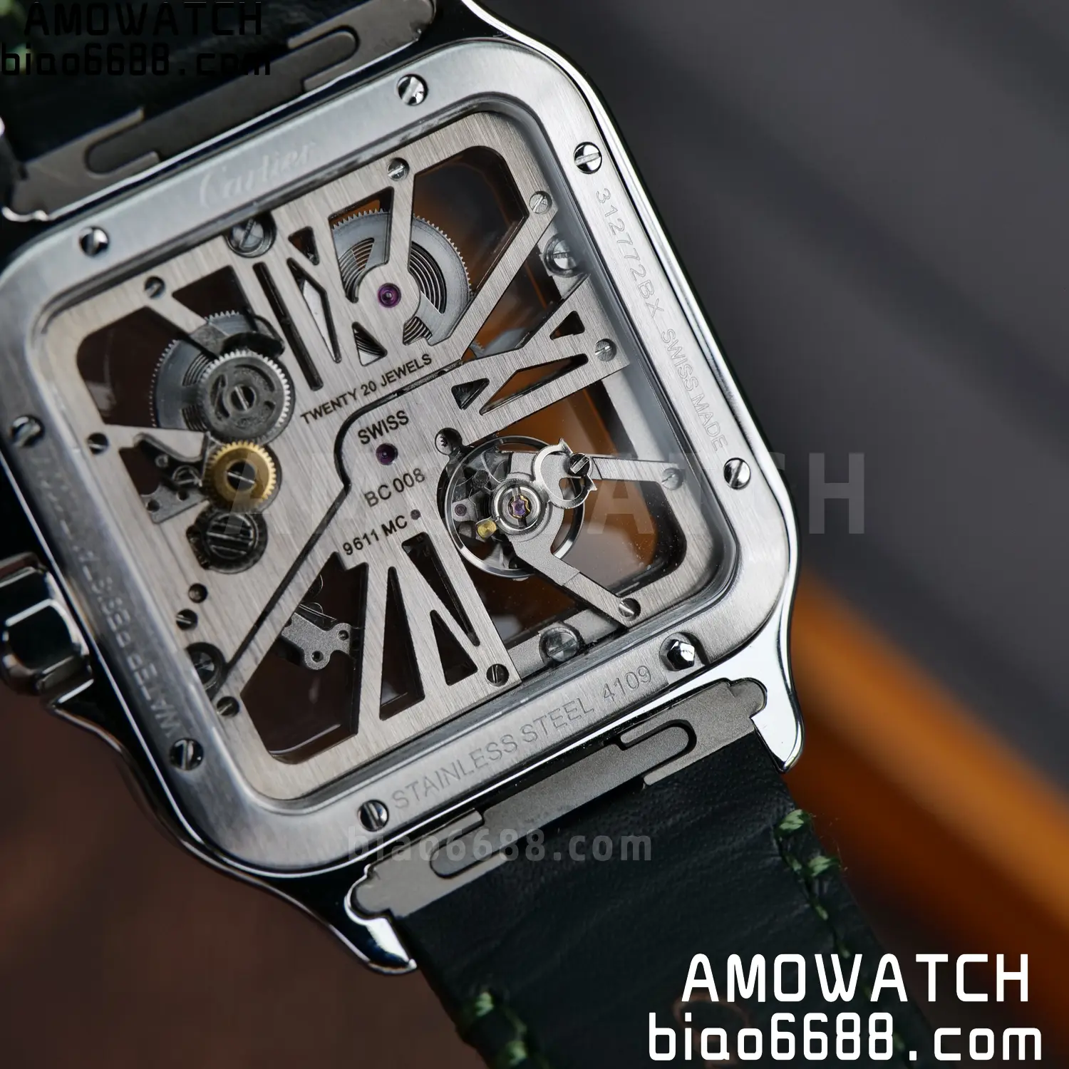 Cartier Santos Skeleton SS RICH 1:1 Best Edition Skeleton Green Dial on Green Leather Strap 9611MC Super Clone V2 104 5536a89fd108b94 AMO Watch
