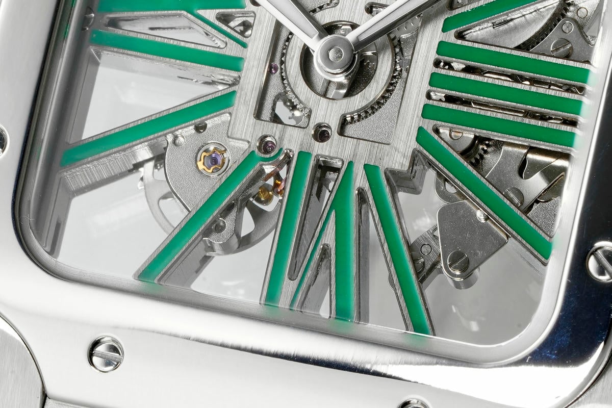 Cartier Santos Skeleton SS RICH 1:1 Best Edition Skeleton Green Dial on SS SmartLink Bracelet 9611MC Super Clone V2 23 55bb147a52c9422 AMO Watch