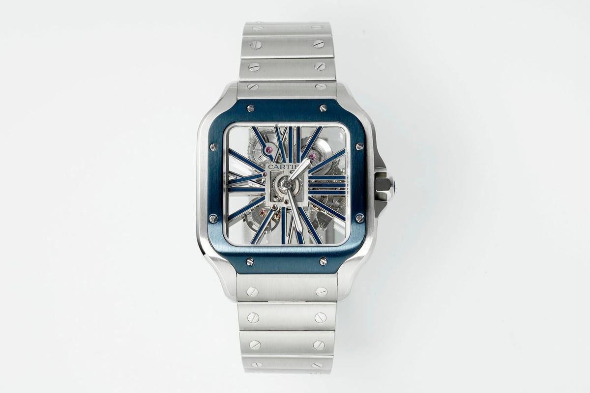 Cartier Santos Skeleton SS RICH 1:1 Best Edition Skeleton Dial Blue Bezel on SS SmartLink Bracelet 9611MC Super Clone V2 19 5e5f46de6f2e0a2 AMO Watch