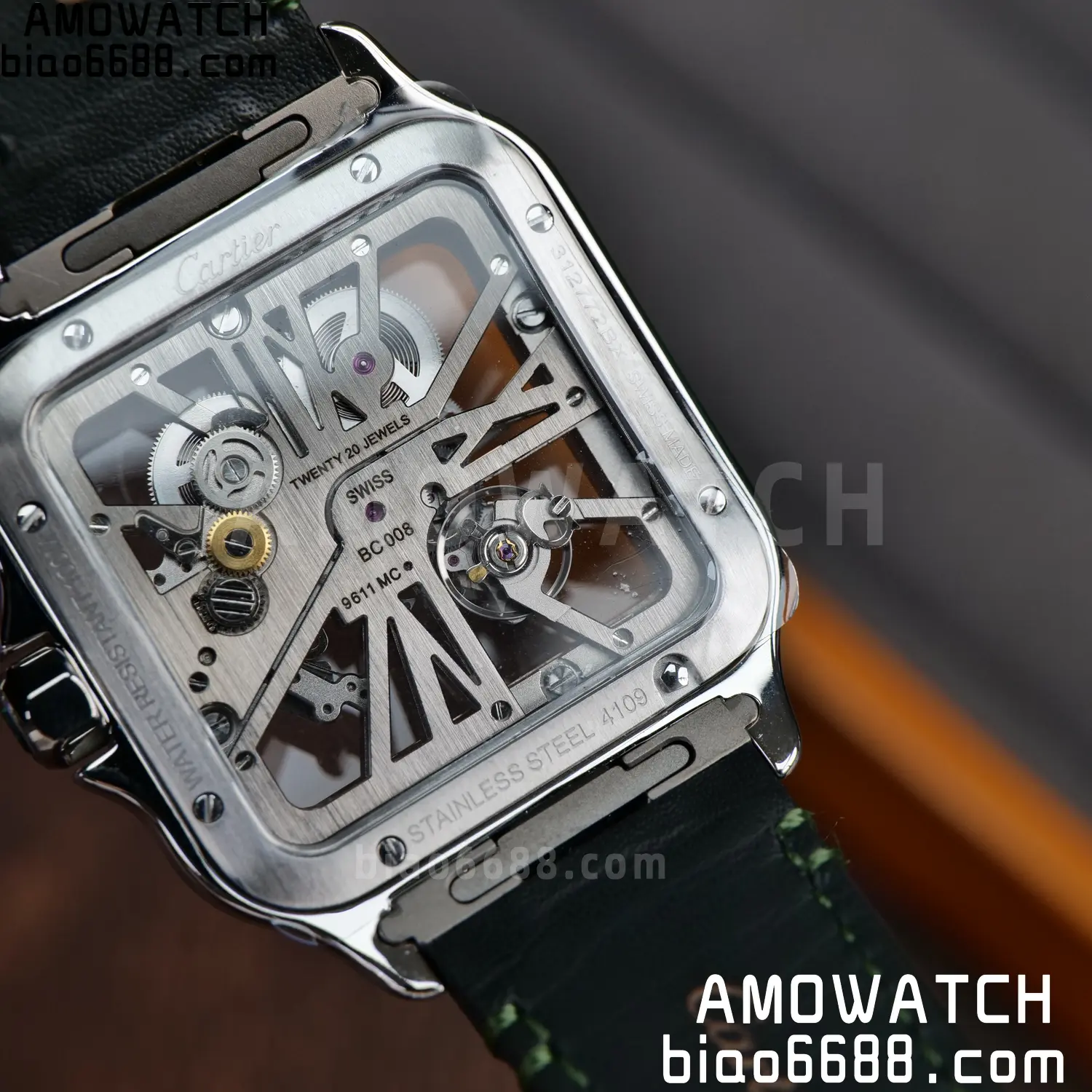 Cartier Santos Skeleton SS RICH 1:1 Best Edition Skeleton Green Dial on Green Leather Strap 9611MC Super Clone V2 101 638823c0f899ef0 AMO Watch