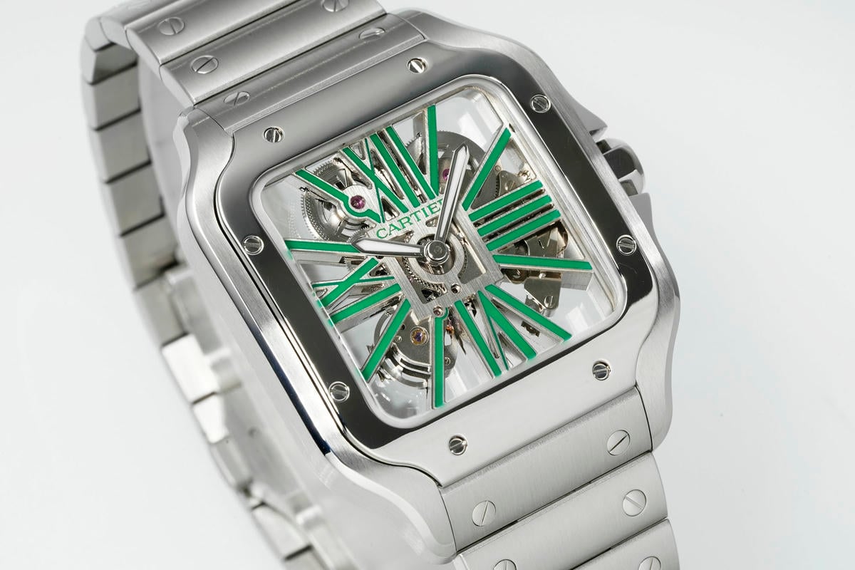 Cartier Santos Skeleton SS RICH 1:1 Best Edition Skeleton Green Dial on SS SmartLink Bracelet 9611MC Super Clone V2 20 6a6ef4ca8b522b6 AMO Watch