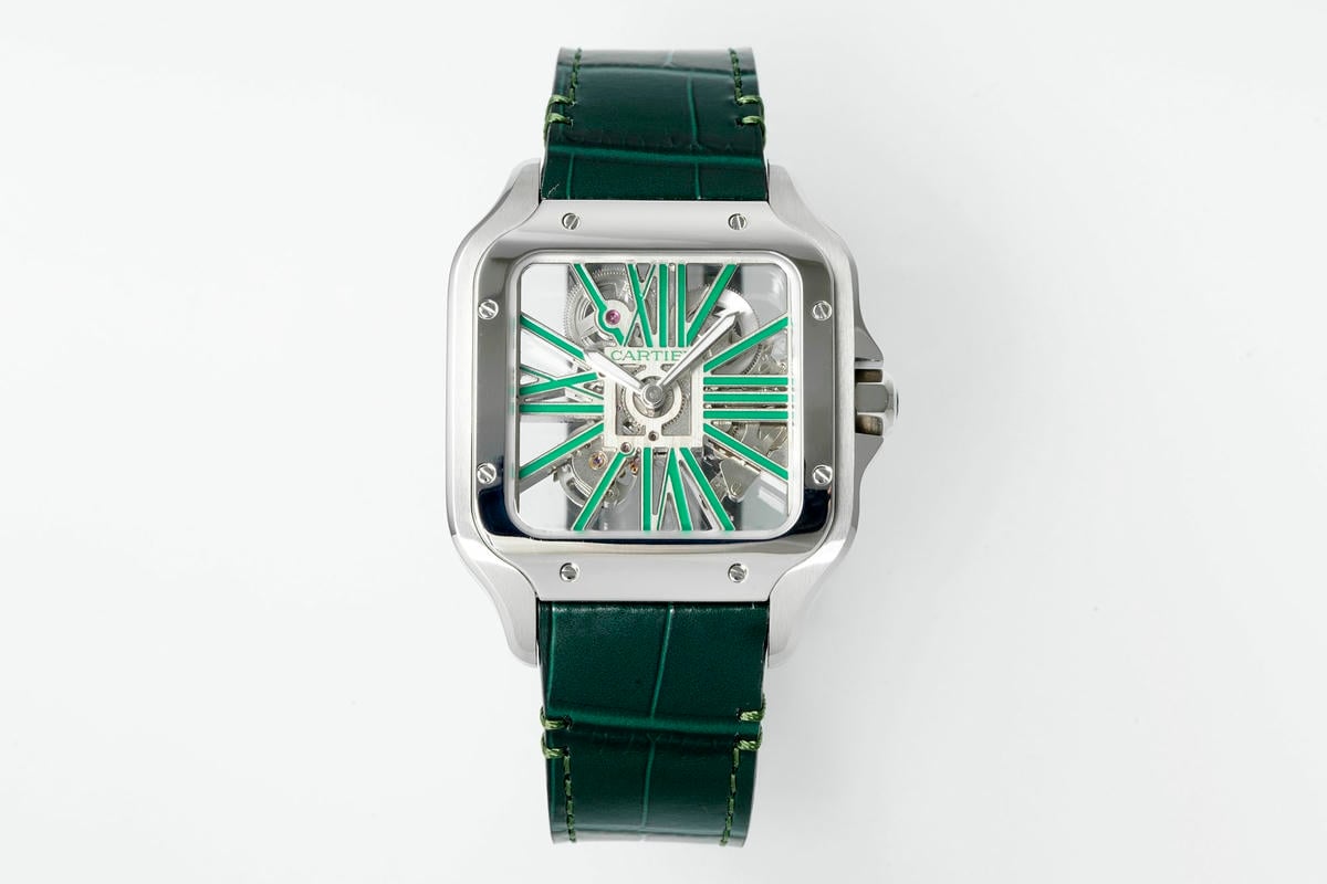 Cartier Santos Skeleton SS RICH 1:1 Best Edition Skeleton Green Dial on Green Leather Strap 9611MC Super Clone V2 19 6eaf0240eb7b57d AMO Watch