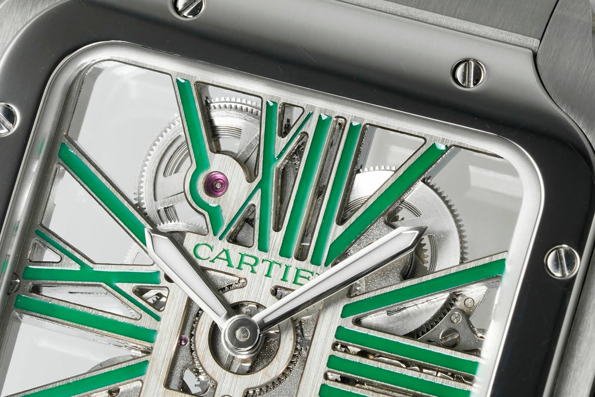 Cartier Santos Skeleton SS RICH 1:1 Best Edition Skeleton Green Dial on SS SmartLink Bracelet 9611MC Super Clone V2 22 78323ed55b91d78 AMO Watch