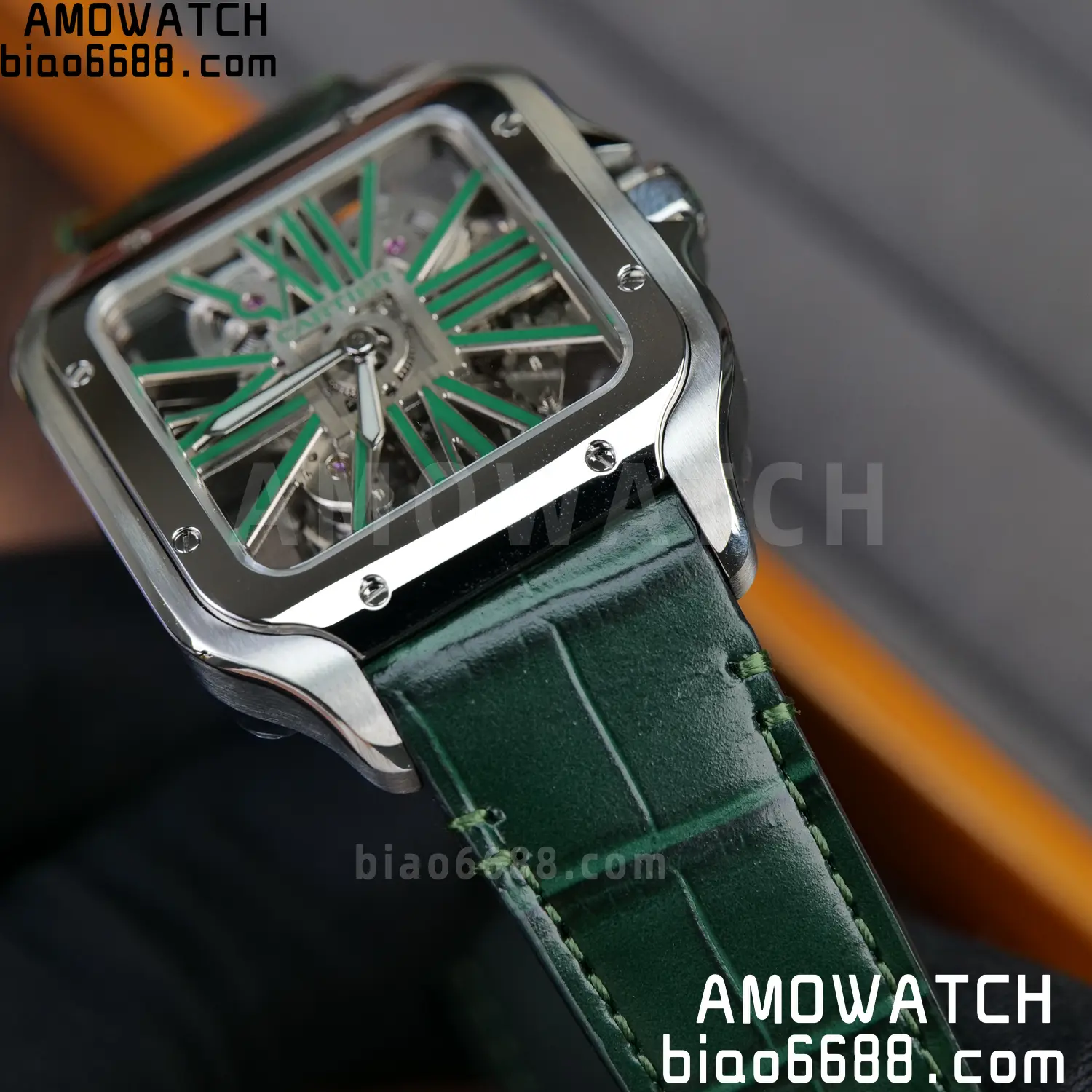 Cartier Santos Skeleton SS RICH 1:1 Best Edition Skeleton Green Dial on Green Leather Strap 9611MC Super Clone V2 85 7b7bd86f4892f01 AMO Watch