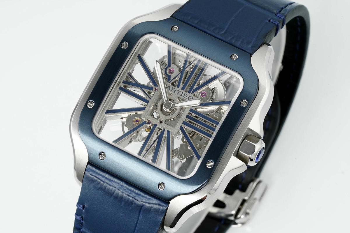 Cartier Santos Skeleton SS RICH 1:1 Best Edition Skeleton Dial Blue Bezel on Blue Leather Strap 9611MC Super Clone V2 21 7bfa15ac82582d7 AMO Watch