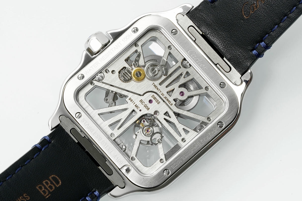 Cartier Santos Skeleton SS RICH 1:1 Best Edition Skeleton Dial Blue Bezel on Blue Leather Strap 9611MC Super Clone V2 25 7d3bc020b6f82a9 AMO Watch