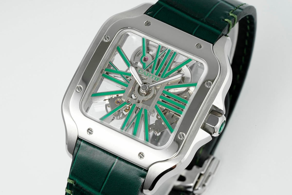 Cartier Santos Skeleton SS RICH 1:1 Best Edition Skeleton Green Dial on Green Leather Strap 9611MC Super Clone V2 21 816d37c94ee36a3 AMO Watch