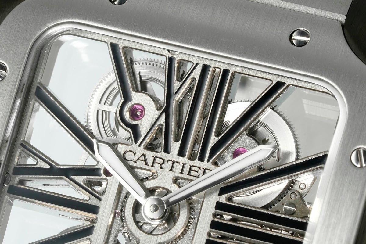 Cartier Santos Skeleton SS/PVD RICH 1:1 Best Edition Skeleton Dial on SS SmartLink Bracelet 9611MC Super Clone V2 22 8b295f61b6482f6 AMO Watch
