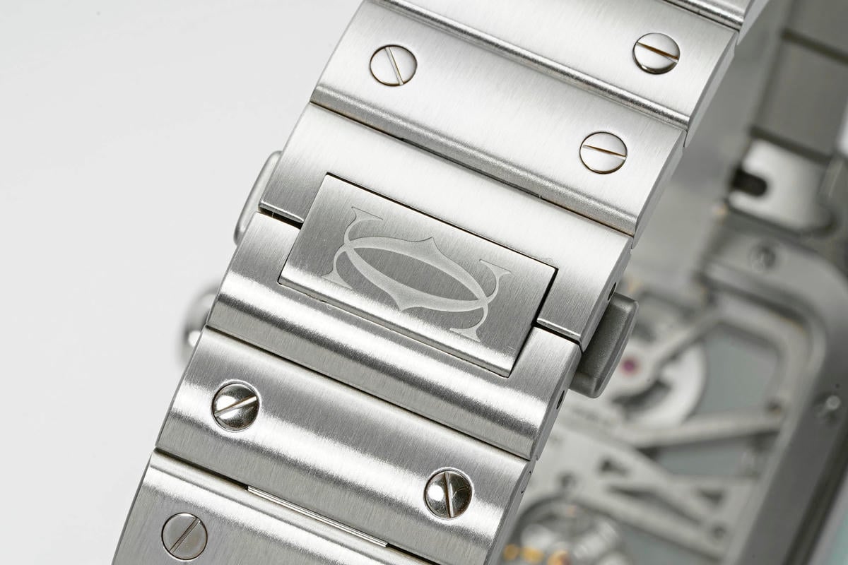 Cartier Santos Skeleton SS RICH 1:1 Best Edition Skeleton Green Dial on SS SmartLink Bracelet 9611MC Super Clone V2 26 914828e0adf23bd AMO Watch