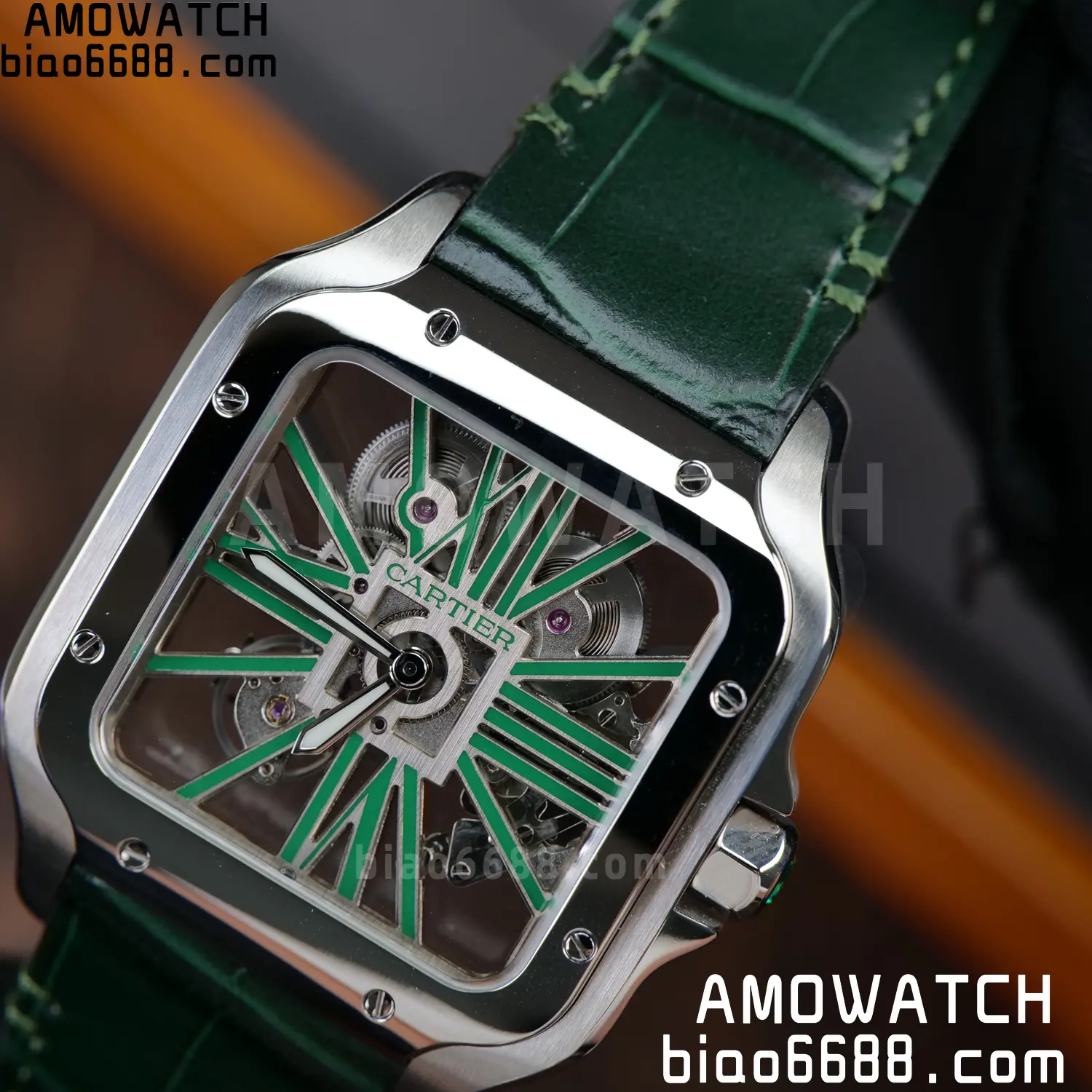 Cartier Santos Skeleton SS RICH 1:1 Best Edition Skeleton Green Dial on Green Leather Strap 9611MC Super Clone V2 98 a116a2b2296bd4d AMO Watch