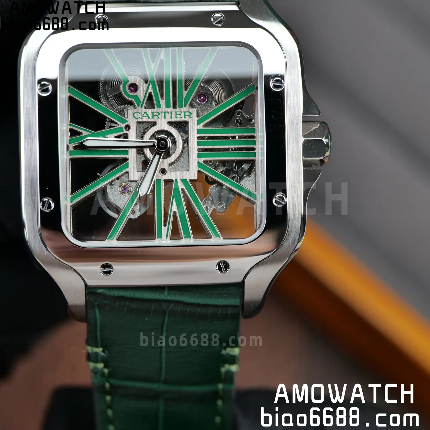 Cartier Santos Skeleton SS RICH 1:1 Best Edition Skeleton Green Dial on Green Leather Strap 9611MC Super Clone V2 93 a43f4c3be4cc67d AMO Watch