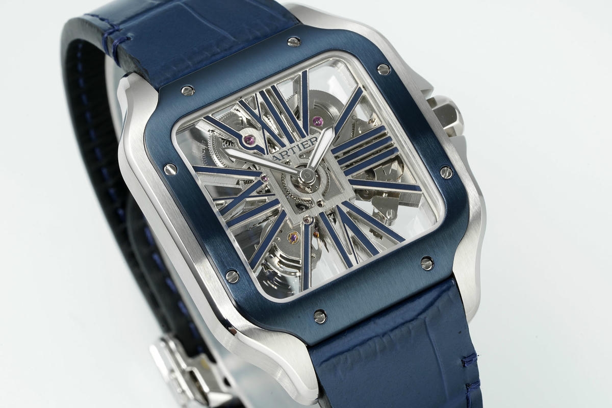 Cartier Santos Skeleton SS RICH 1:1 Best Edition Skeleton Dial Blue Bezel on Blue Leather Strap 9611MC Super Clone V2 20 a6fa6f01ff61a5d AMO Watch