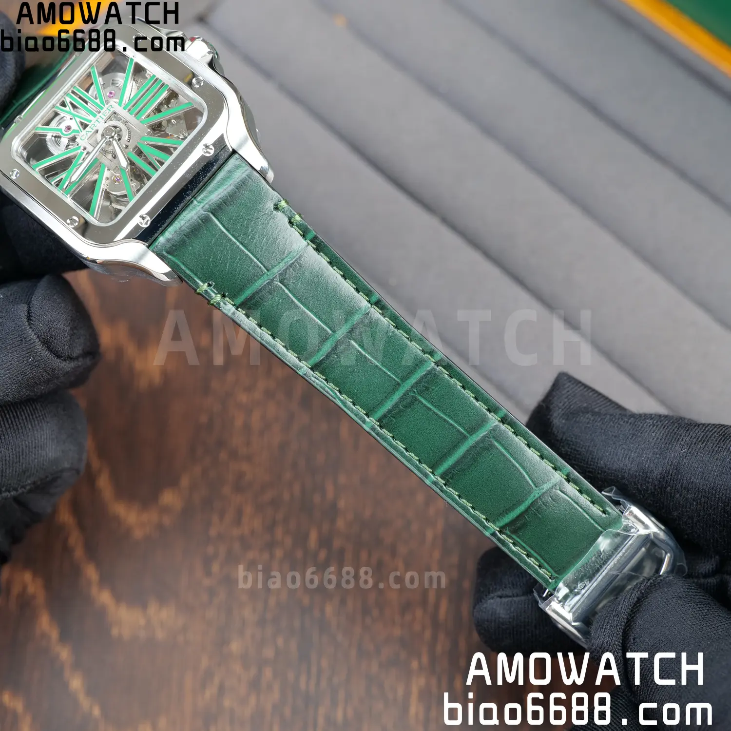 Cartier Santos Skeleton SS RICH 1:1 Best Edition Skeleton Green Dial on Green Leather Strap 9611MC Super Clone V2 79 a76ee9ec386510b AMO Watch