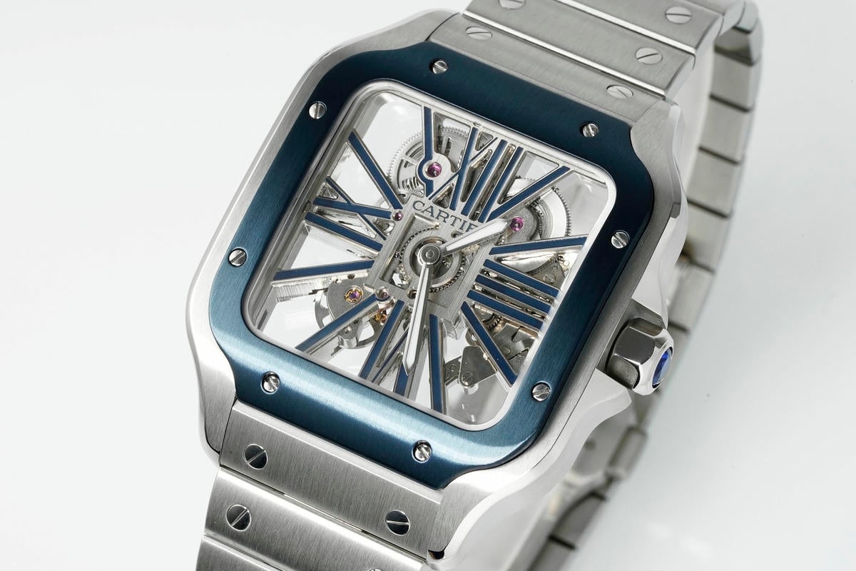 Cartier Santos Skeleton SS RICH 1:1 Best Edition Skeleton Dial Blue Bezel on SS SmartLink Bracelet 9611MC Super Clone V2 21 ae834086c42f6e5 AMO Watch