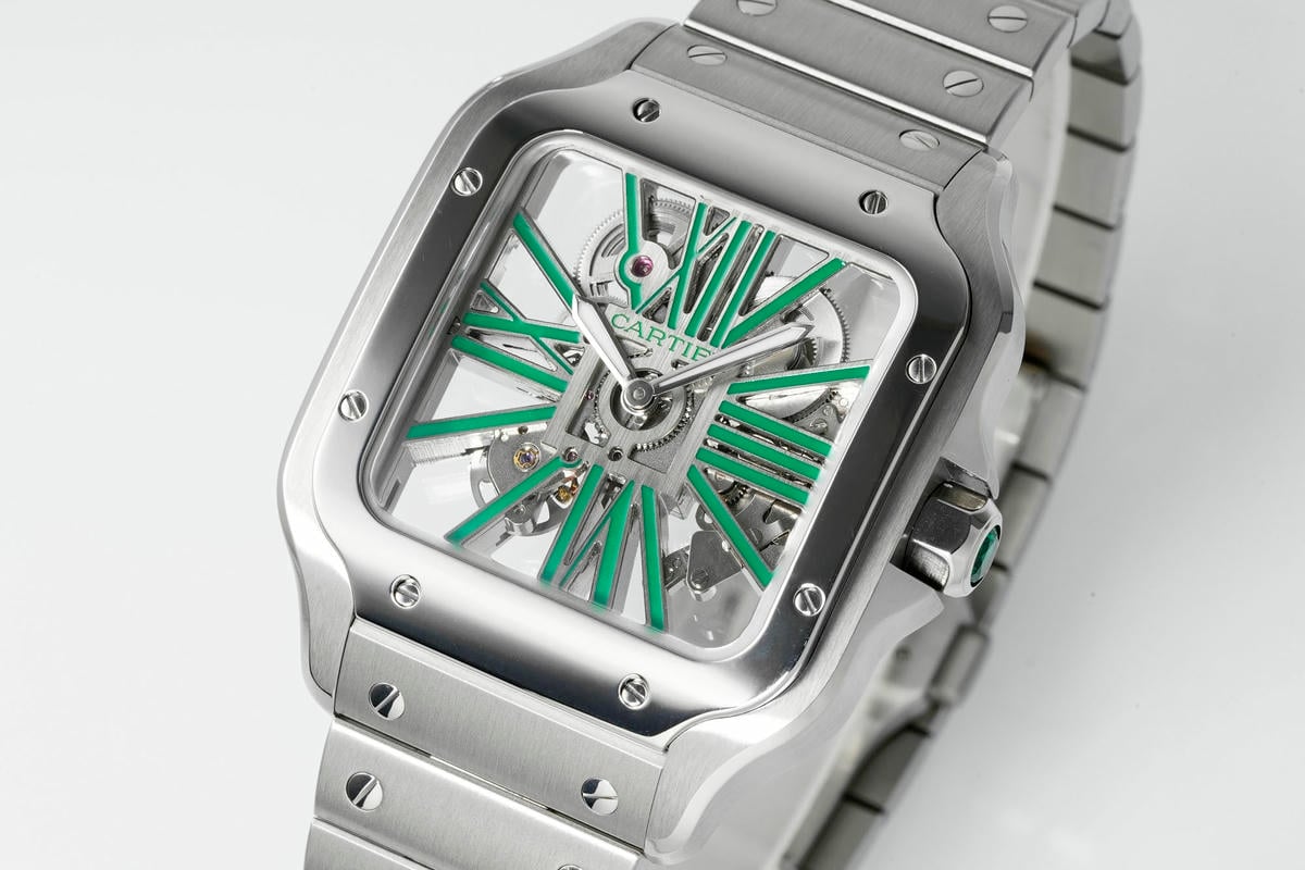 Cartier Santos Skeleton SS RICH 1:1 Best Edition Skeleton Green Dial on SS SmartLink Bracelet 9611MC Super Clone V2 21 b1a86b0d3ef67be AMO Watch