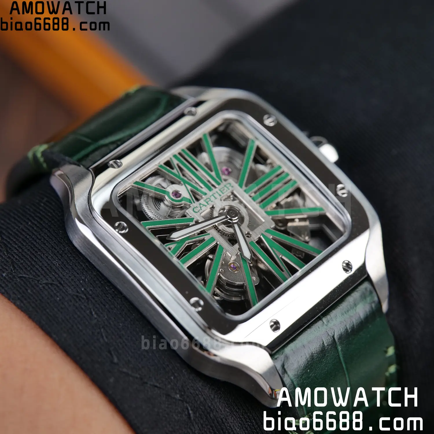 Cartier Santos Skeleton SS RICH 1:1 Best Edition Skeleton Green Dial on Green Leather Strap 9611MC Super Clone V2 110 b36314841ec4067 AMO Watch