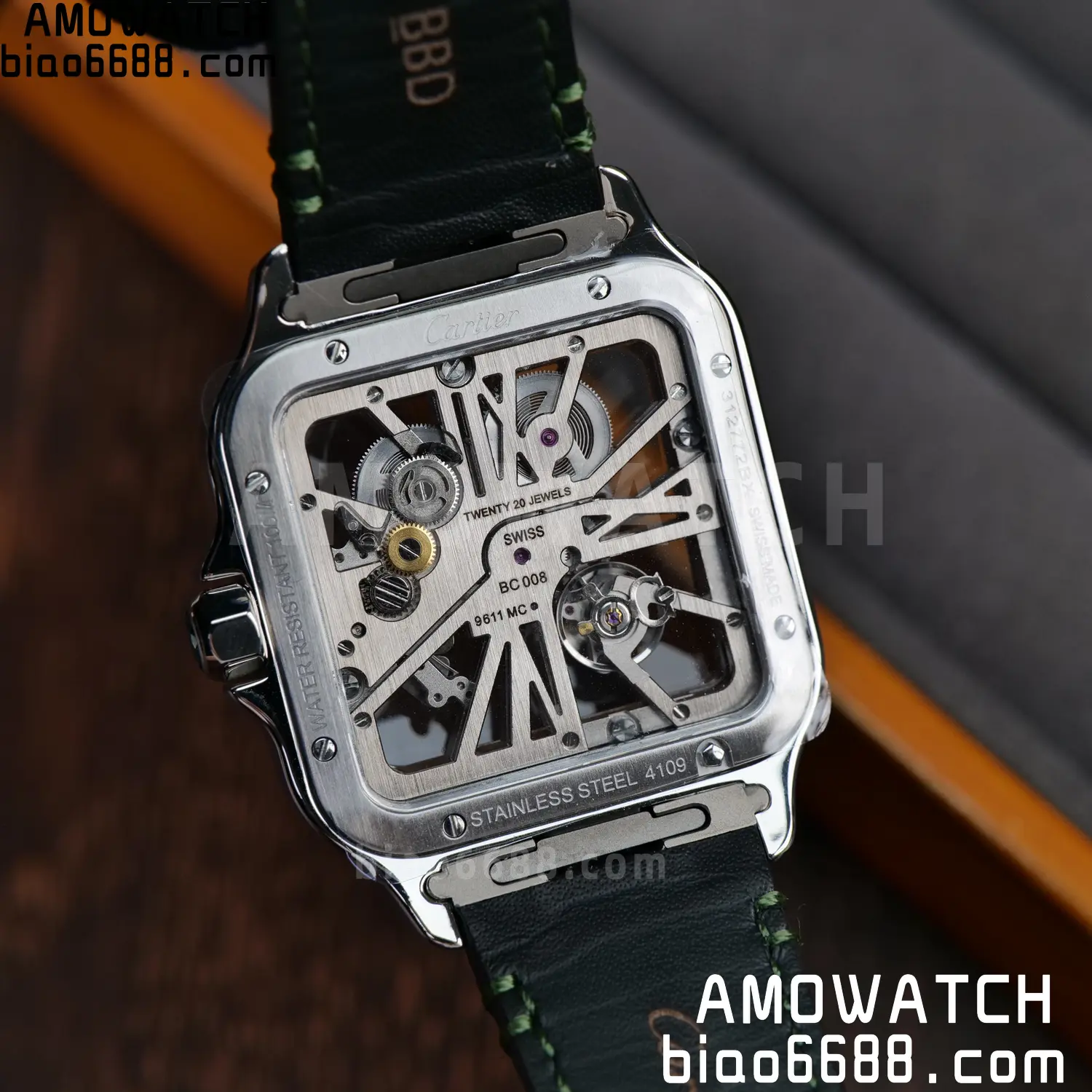 Cartier Santos Skeleton SS RICH 1:1 Best Edition Skeleton Green Dial on Green Leather Strap 9611MC Super Clone V2 100 bd2527118b503a8 AMO Watch