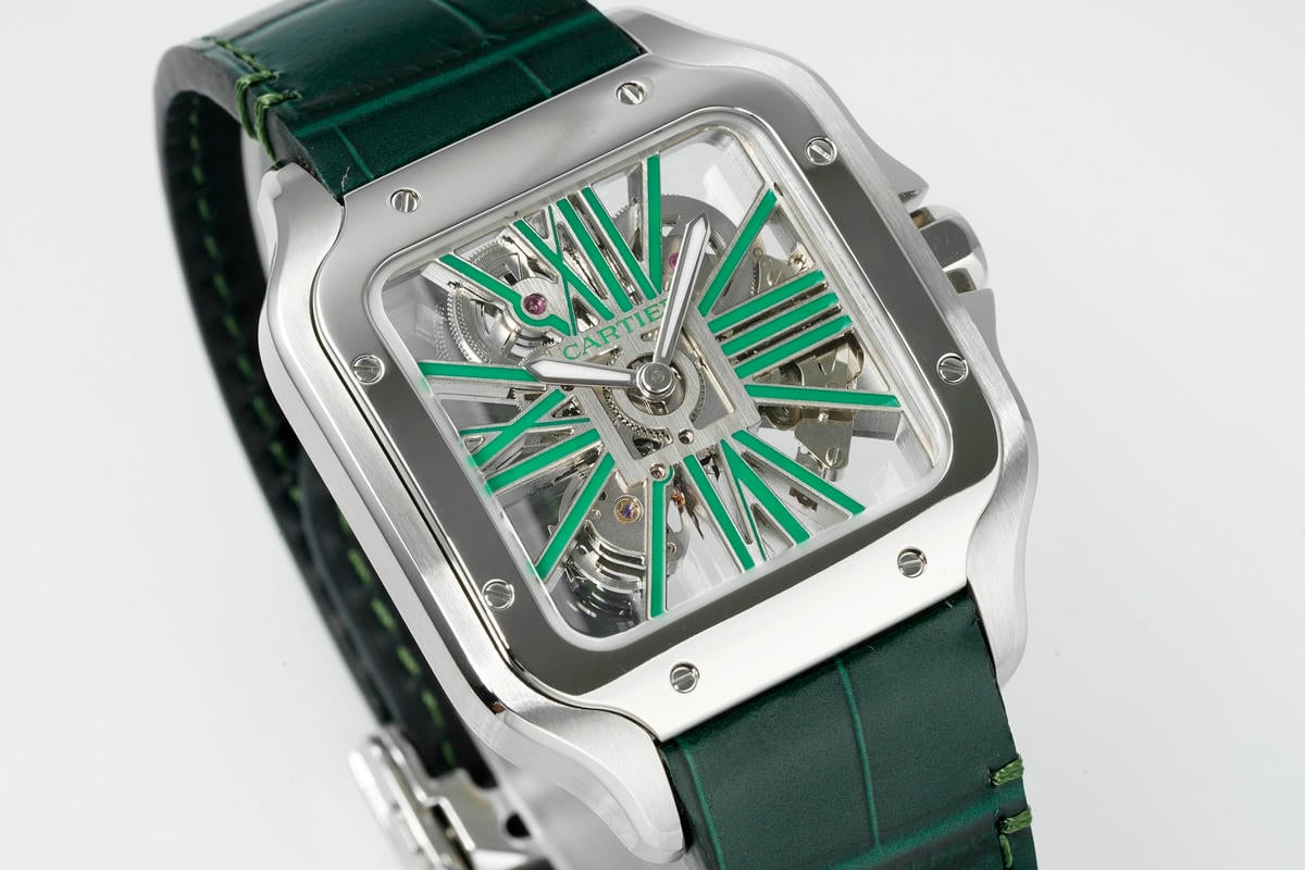 Cartier Santos Skeleton SS RICH 1:1 Best Edition Skeleton Green Dial on Green Leather Strap 9611MC Super Clone V2 20 caace612a743f6a AMO Watch