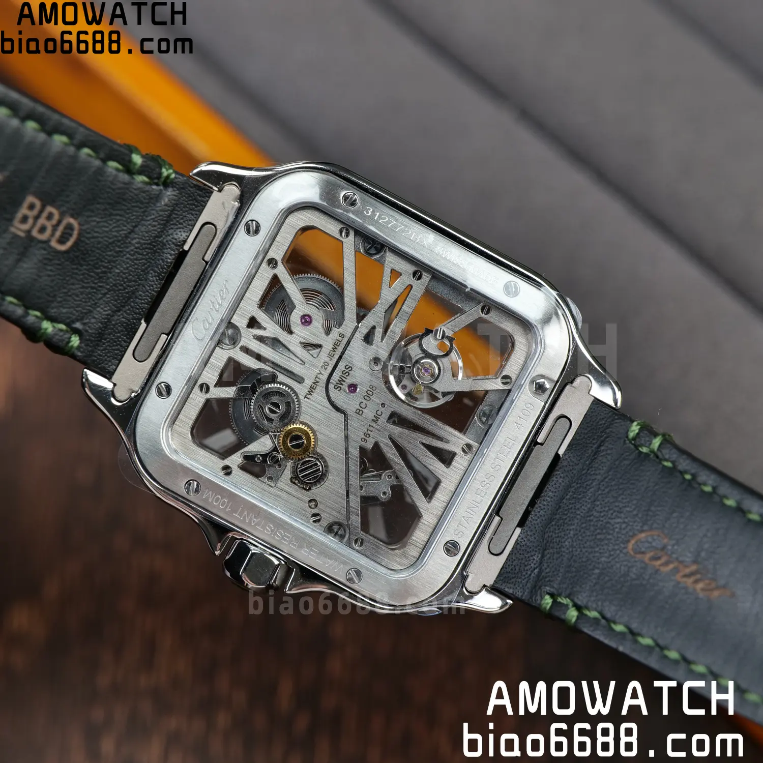 Cartier Santos Skeleton SS RICH 1:1 Best Edition Skeleton Green Dial on Green Leather Strap 9611MC Super Clone V2 99 cadd9ea824e656e AMO Watch