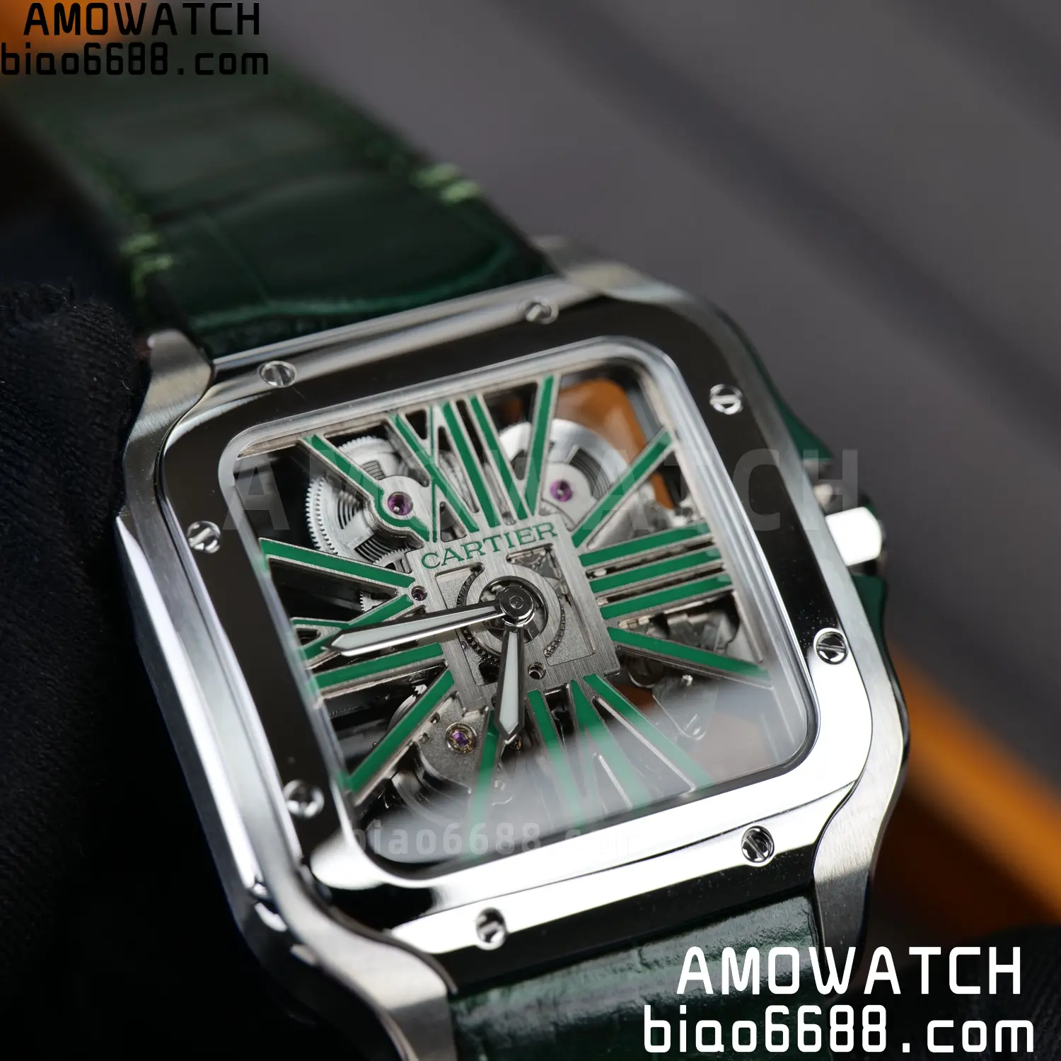 Cartier Santos Skeleton SS RICH 1:1 Best Edition Skeleton Green Dial on Green Leather Strap 9611MC Super Clone V2 94 cdb568b369a1538 AMO Watch