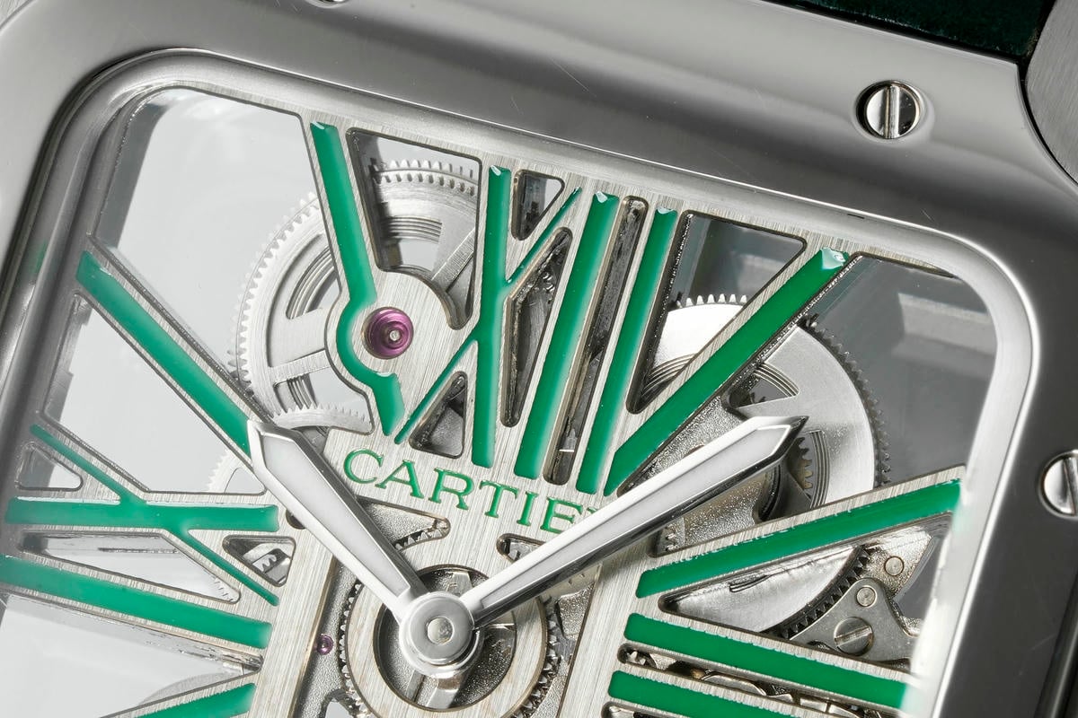 Cartier Santos Skeleton SS RICH 1:1 Best Edition Skeleton Green Dial on Green Leather Strap 9611MC Super Clone V2 22 ceb40eb7a064a1d AMO Watch