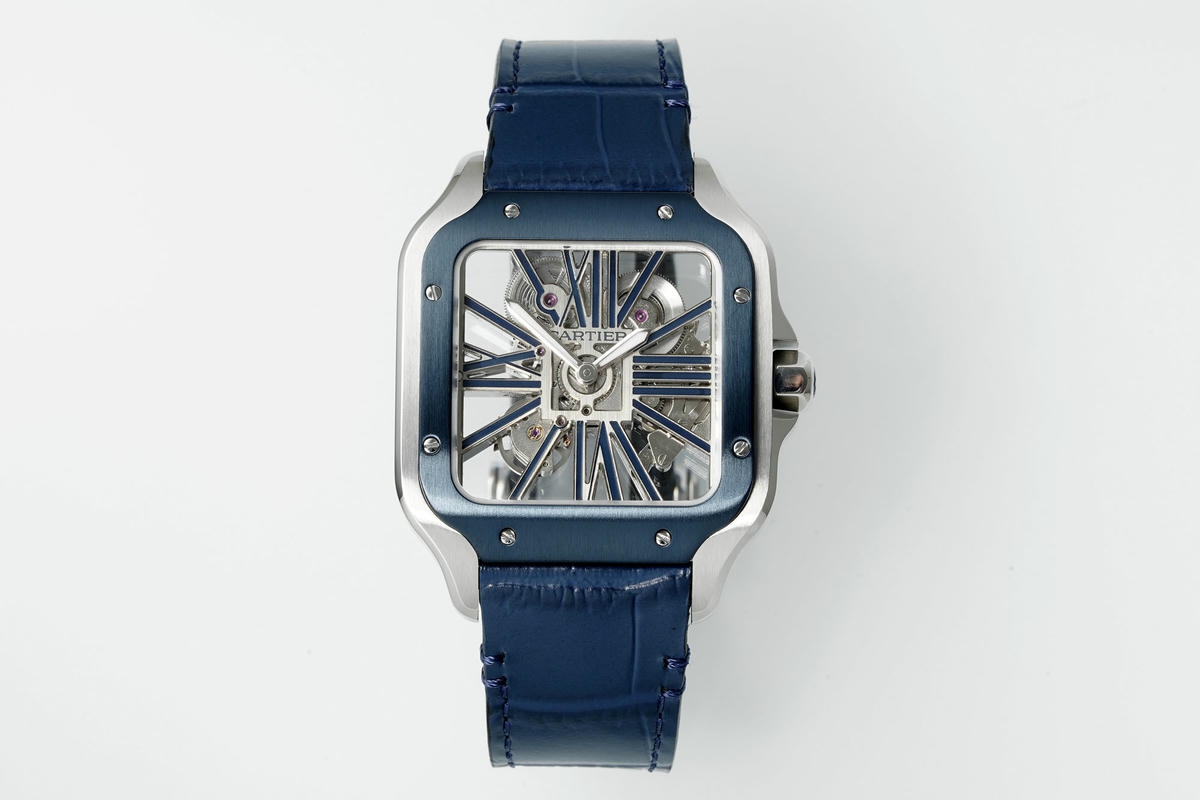 Cartier Santos Skeleton SS RICH 1:1 Best Edition Skeleton Dial Blue Bezel on Blue Leather Strap 9611MC Super Clone V2 19 d1d91558fd45013 AMO Watch