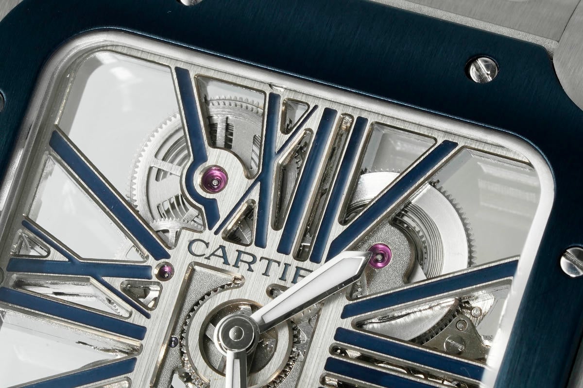 Cartier Santos Skeleton SS RICH 1:1 Best Edition Skeleton Dial Blue Bezel on SS SmartLink Bracelet 9611MC Super Clone V2 22 d227f17981cc487 AMO Watch