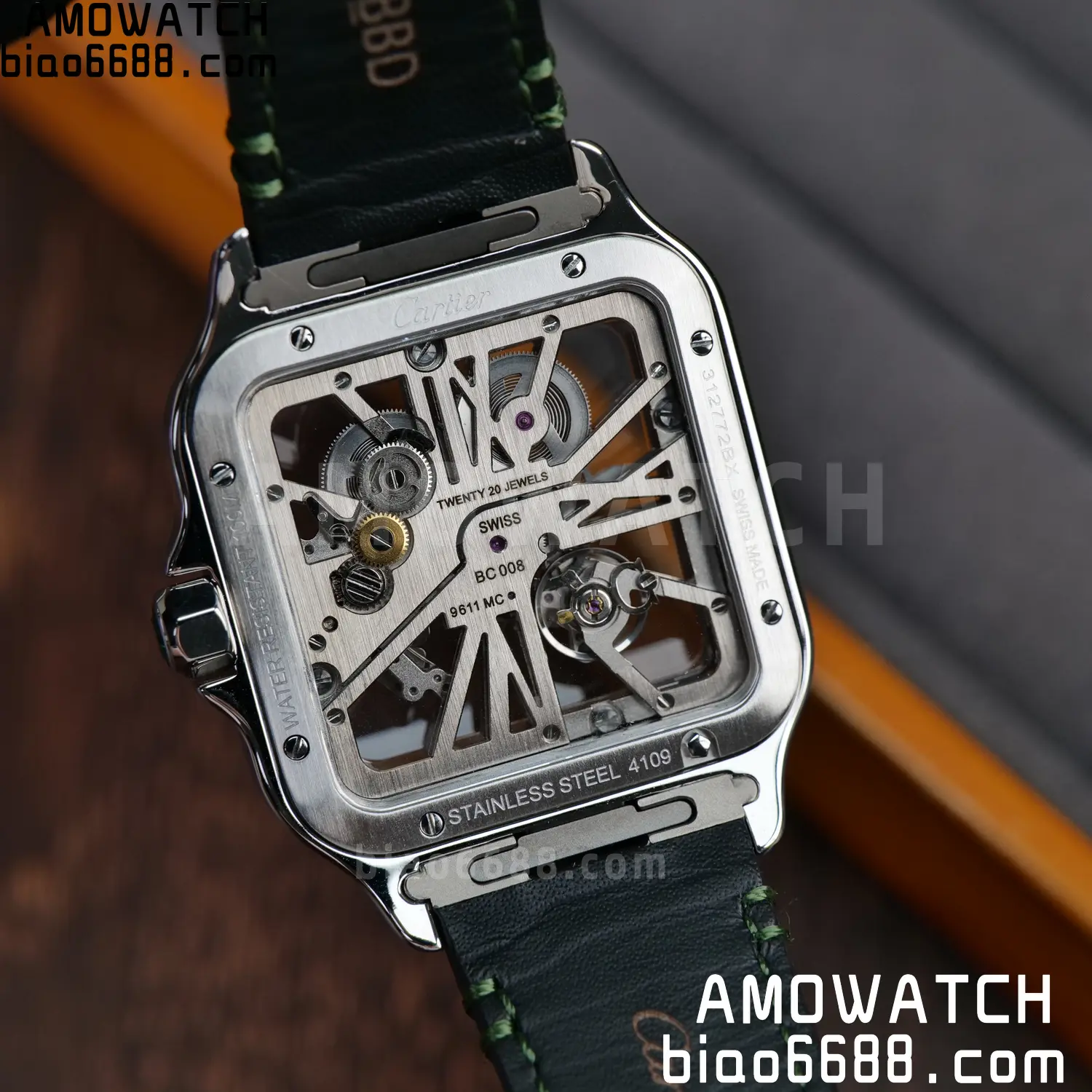 Cartier Santos Skeleton SS RICH 1:1 Best Edition Skeleton Green Dial on Green Leather Strap 9611MC Super Clone V2 107 d71579e882e2b15 AMO Watch