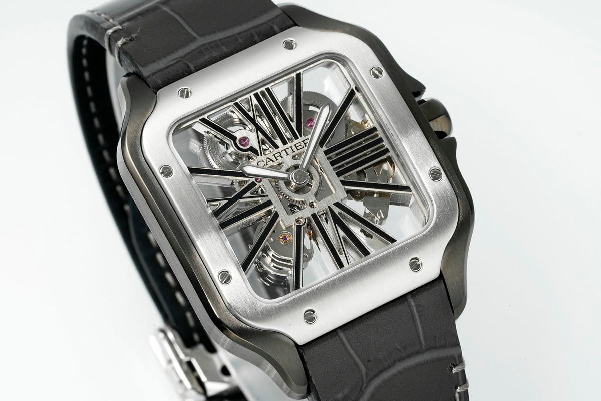 Cartier Santos Skeleton SS/PVD RICH 1:1 Best Edition Skeleton Dial on Black Leather Strap 9611MC Super Clone V2 20 d79fff3224d14d1 AMO Watch