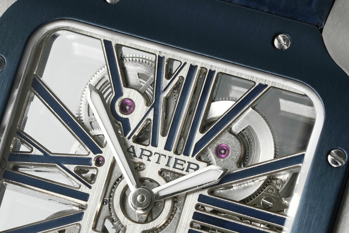 Cartier Santos Skeleton SS RICH 1:1 Best Edition Skeleton Dial Blue Bezel on Blue Leather Strap 9611MC Super Clone V2 22 de74305a3a90bd8 AMO Watch