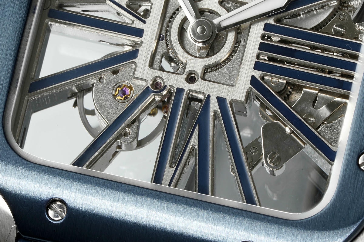 Cartier Santos Skeleton SS RICH 1:1 Best Edition Skeleton Dial Blue Bezel on Blue Leather Strap 9611MC Super Clone V2 23 e3b51c0b439b347 AMO Watch