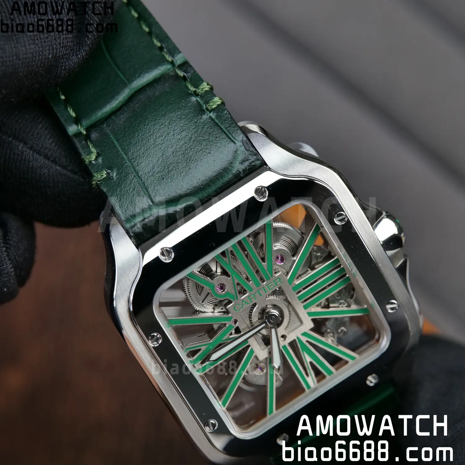 Cartier Santos Skeleton SS RICH 1:1 Best Edition Skeleton Green Dial on Green Leather Strap 9611MC Super Clone V2 91 e97f409c915049e AMO Watch