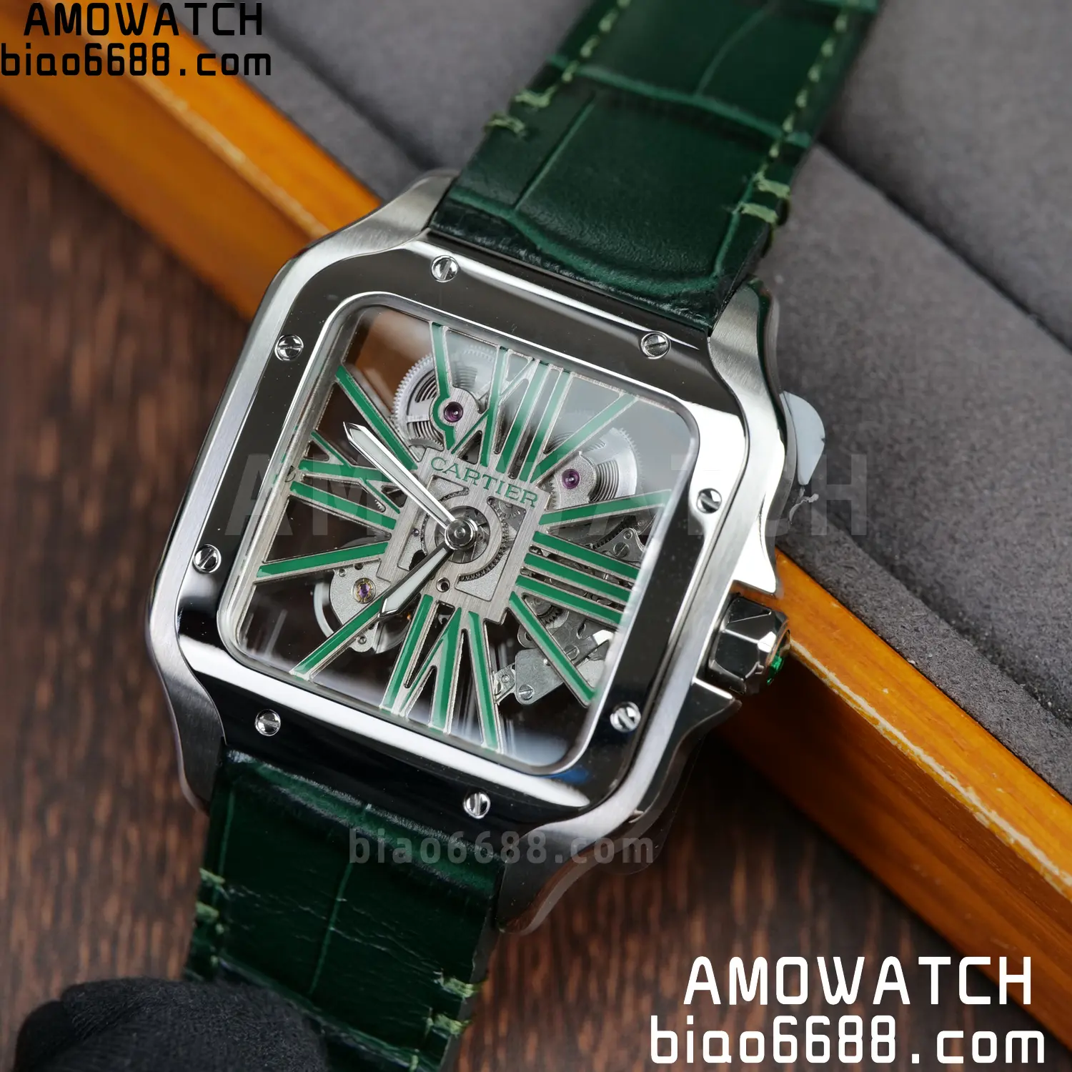 Cartier Santos Skeleton SS RICH 1:1 Best Edition Skeleton Green Dial on Green Leather Strap 9611MC Super Clone V2 108 ed574777514f790 AMO Watch