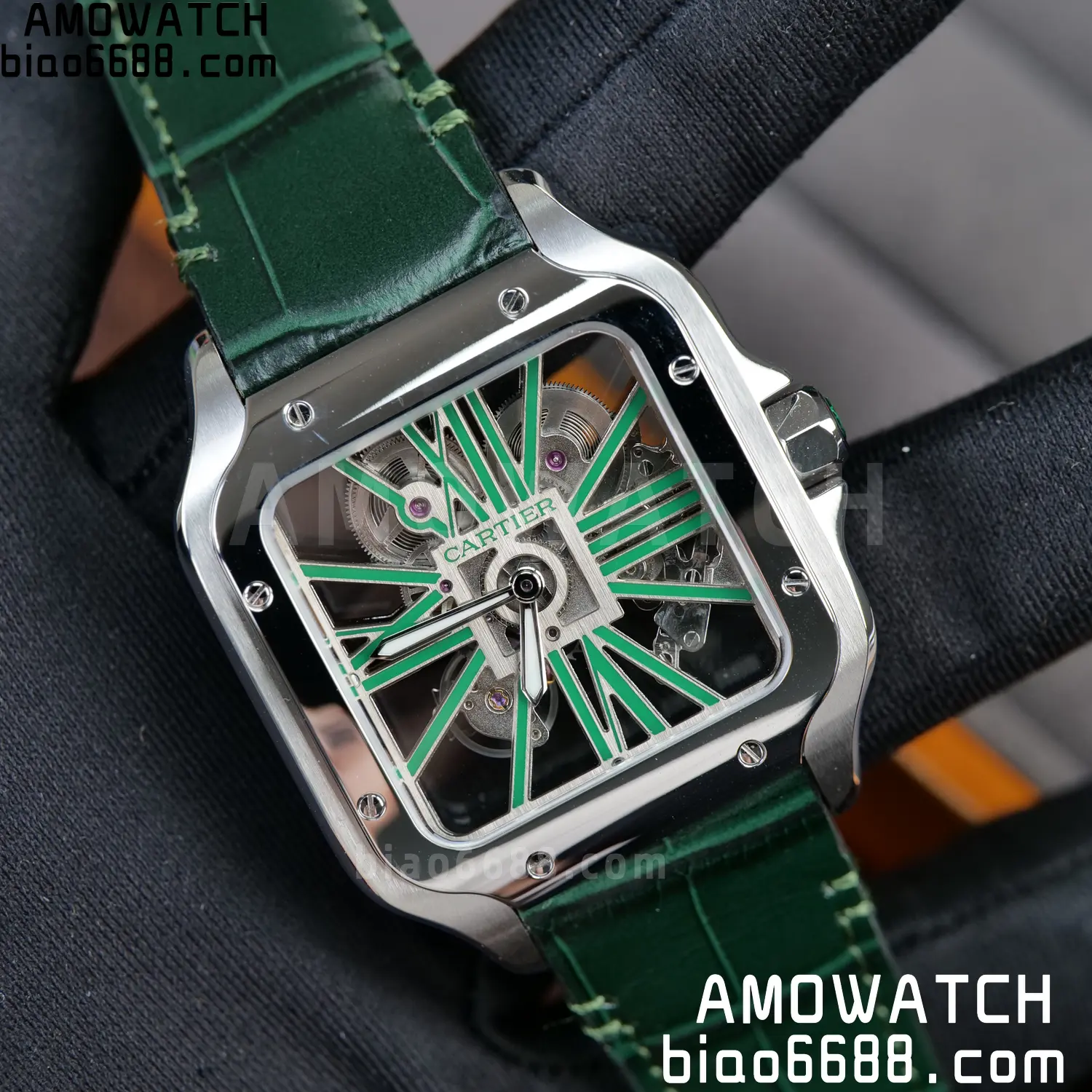 Cartier Santos Skeleton SS RICH 1:1 Best Edition Skeleton Green Dial on Green Leather Strap 9611MC Super Clone V2 96 f8e6d08a8617ee2 AMO Watch