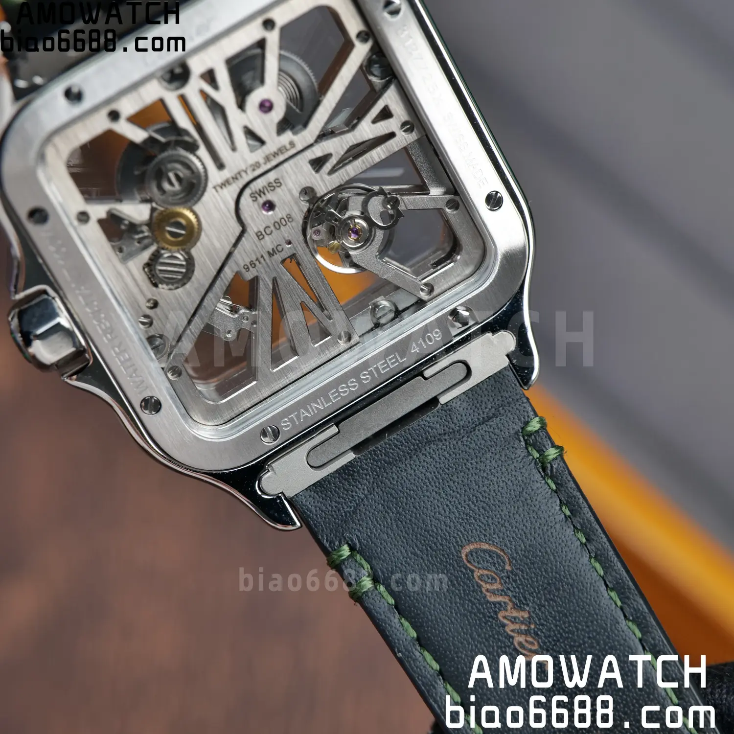 Cartier Santos Skeleton SS RICH 1:1 Best Edition Skeleton Green Dial on Green Leather Strap 9611MC Super Clone V2 106 f9508bffd0eabce AMO Watch