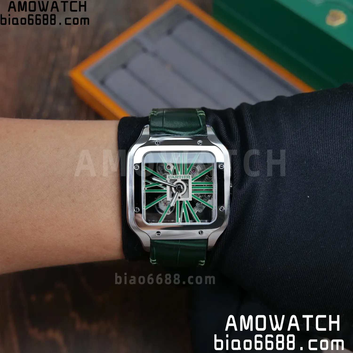 Cartier Santos Skeleton SS RICH 1:1 Best Edition Skeleton Green Dial on Green Leather Strap 9611MC Super Clone V2 111 f96d39a04deeb98 AMO Watch