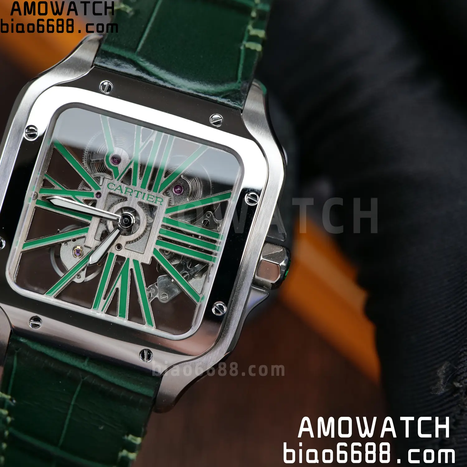 Cartier Santos Skeleton SS RICH 1:1 Best Edition Skeleton Green Dial on Green Leather Strap 9611MC Super Clone V2 87 fb681892d194d51 AMO Watch