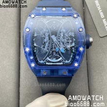 RICHARD MILLE RM53-02 Blue Transparent Tourbillon RM Factory Best Edition Skeleton Dial on Transparent Rubber Strap