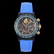 Rolex Daytona DLC Carbon Bezel GETF Best Edition Skeleton Blue Dial on Blue Rubber Strap SA4130