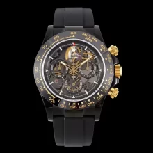 Rolex Daytona DLC Carbon Bezel GETF Best Edition Skeleton Black Dial on Black Rubber Strap SA4130