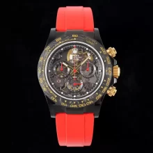 Rolex Daytona DLC Carbon Bezel GETF Best Edition Skeleton Red Dial on Red Rubber Strap SA4130