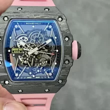 Richard Mille RM035 RM35-02 RM3502 Black Carbon T+ Factory Best Edition Skeleton Dial on Pink Rubber Strap Clone RMUL3
