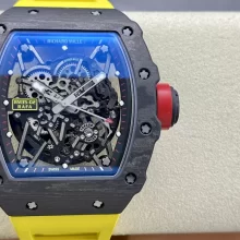 Richard Mille RM035 RM35-02 RM3502 Black Carbon T+ Factory Best Edition Skeleton Dial on Yellow Rubber Strap Clone RMUL3