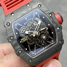 Richard Mille RM035 RM35-01 RM3501 Black Carbon SONIC Factory Best Edition Skeleton Dial on Red Rubber Strap Clone RMUL2