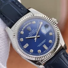 【36mm男女可戴】Rolex劳力士星期日历型系列118139蓝色钻刻度表盘皮带腕表