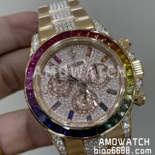 Clean Factory Ditoner Modifications: wrapped in 18-carat gold, colored gemstone bezel, moissanite dial, moissanite diamonds on case-strap-buckle