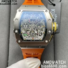 RICHARD MILLE RM11-03 RM1103 RG Chronograph SS Case KVF 1:1 Best Edition Crystal Skeleton Dial on Orange Rubber Strap A7750