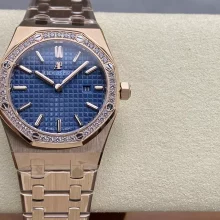 AUDEMARS PIGUET Lady Royal Oak 67651 33mm RG ZF 1:1 Best Edition Blue Dial Diamonds Bezel on RG Bracelet Swiss Quartz