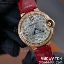 CARTIER Ballon Bleu 33mm RG AF 1:1 Best Edition Silver Textured Diamonds Dial on Red Leather Strap SEIKO NH05A