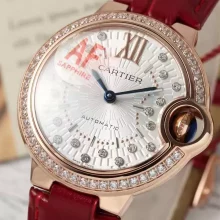 CARTIER Ballon Bleu 33mm RG AF 1:1 Best Edition Silver Textured Diamonds Dial on Red Leather Strap SEIKO NH05A